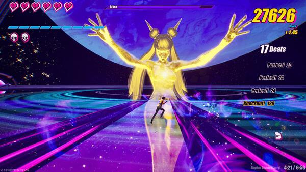 Screenshot from Dead as Disco showing a player battling a glowing giant figure in a vibrant, pulsating arena.