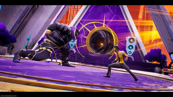 Screenshot from Dead as Disco: A character in yellow faces a large armored foe in a vibrant, futuristic arena with speakers.