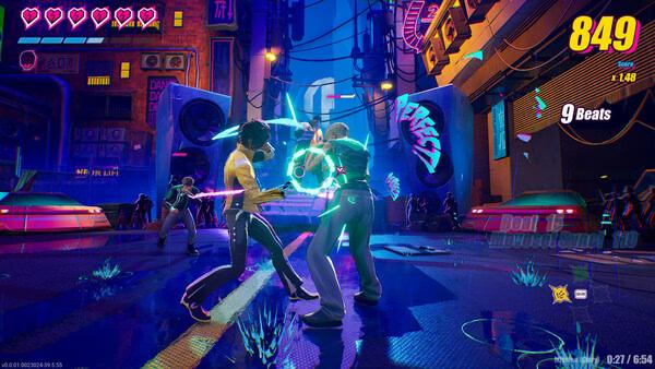 Screenshot from 'Dead as Disco': Two characters battle with glowing weapons in a neon-lit urban scene, surrounded by vibrant graffiti.