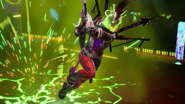 Screenshot from 'Dead as Disco': A punk character mid-air, surrounded by vibrant green and orange explosions, in a chaotic scene.