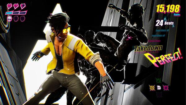 Screenshot from 'Dead as Disco' showing a character in a yellow jacket performing a perfect takedown against shadowy foes.