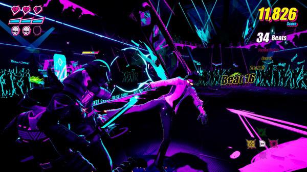 Screenshot from 'Dead as Disco' showing a neon-lit battle scene with two characters fighting in vibrant colors.