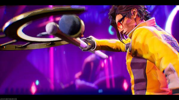 Screenshot from Dead as Disco: A character in a yellow jacket wields a microphone weapon in a vibrant neon-lit setting.