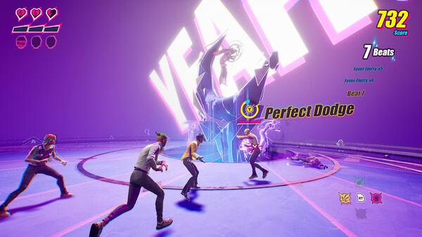 Screenshot from Dead as Disco shows four characters battling a large mechanical foe in a vibrant arena with "Perfect Dodge" displayed.