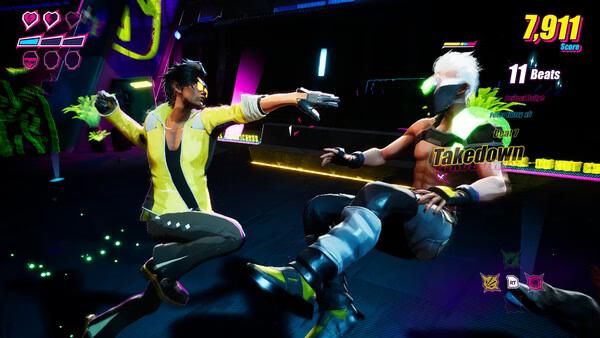 Screenshot from "Dead as Disco" showing two characters in combat, one performing a takedown move under neon lights.