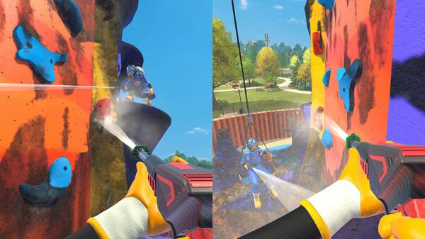 Screenshot from PowerWash Simulator 2 showing a player cleaning a colorful climbing wall with a power washer.