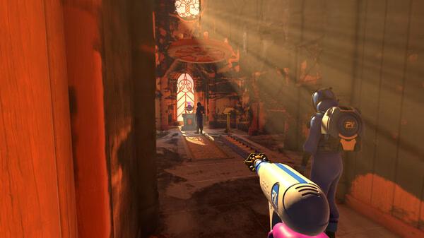 Screenshot from PowerWash Simulator 2 showing a player cleaning a sunlit, ornate room with a power washer.