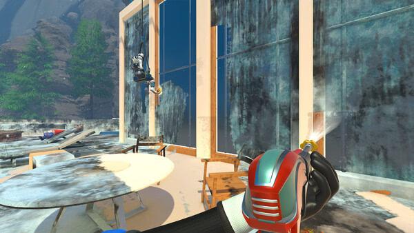Screenshot from PowerWash Simulator 2 showing a player cleaning a large, dirty glass window with a power washer.