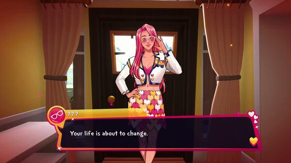 Date Everything! screenshot: A character with pink hair stands confidently at a doorway, with text reading "Your life is about to change."