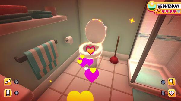 Screenshot from Date Everything! showing a bathroom with a toilet surrounded by glowing heart icons.