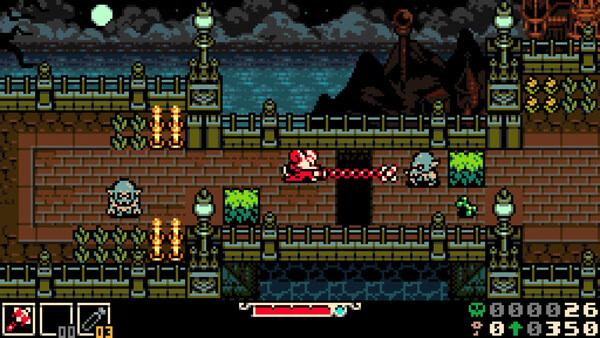 Screenshot from 'Mina the Hollower' showing Mina battling skeletons on a bridge at night, with a moonlit sky in the background.