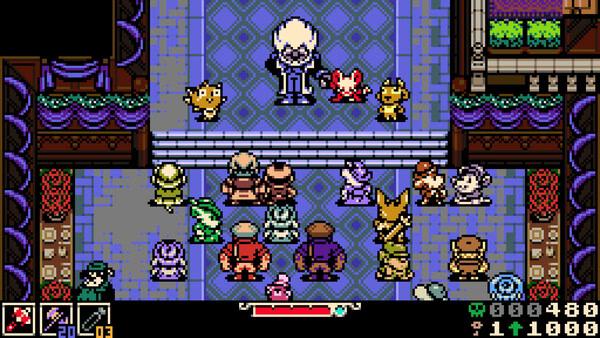 Screenshot of Mina the Hollower showing Mina facing a crowd of characters in a pixel-art town square with detailed surroundings.