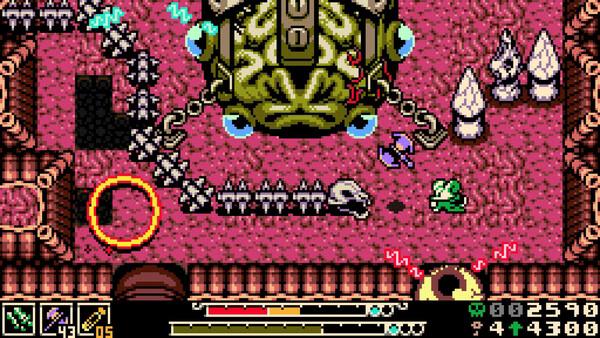 Screenshot from 'Mina the Hollower': Mina battles a large green creature surrounded by spikes in a pixelated dungeon setting.