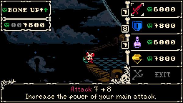 Mina the Hollower screenshot: A character stands on a bridge at night, surrounded by upgrade options for attack, defense, and magic.