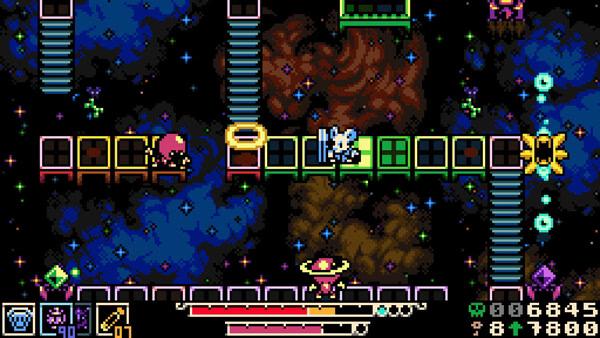 Screenshot of Mina the Hollower featuring pixel art gameplay with Mina battling enemies on a colorful, starry platform.