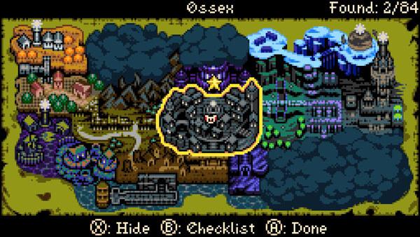 Screenshot from 'Mina the Hollower' showing a detailed map with various regions, highlighted areas, and a checklist option.