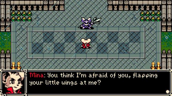 Screenshot from Mina the Hollower showing Mina confronting a bat-like enemy in a tiled courtyard with dialogue displayed below.