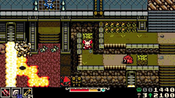 Screenshot of Mina the Hollower: A character navigates a dungeon with lava, enemies, and ladders visible in the scene.