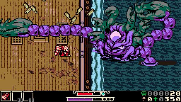 Screenshot from 'Mina the Hollower' showing Mina battling a large, purple tentacled monster by a wooden dock.
