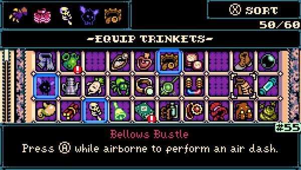 Mina the Hollower screenshot: Trinkets menu displayed with various items, including Bellows Bustle, and the option to sort inventory.
