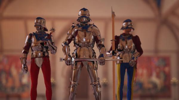 Screenshot from the game Half Sword showing three armored knights standing in a grand medieval hall, each holding weapons.