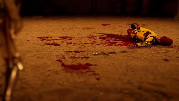 A Half Sword screenshot showing a defeated character lying on a bloodstained ground with a sword nearby.