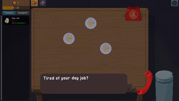 Screenshot from Scritchy Scratchy showing a wooden table with three coasters and a red phone displaying the message, "Tired of your day job?".
