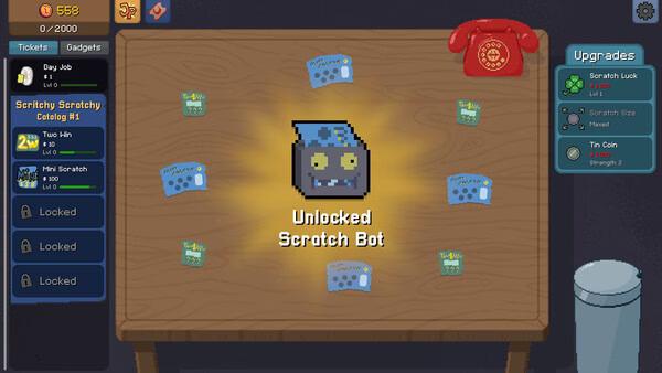 Screenshot from Scritchy Scratchy showing an unlocked Scratch Bot surrounded by tickets and upgrade options on a wooden table.