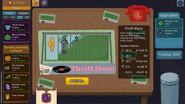 Screenshot of Scritchy Scratchy game showing thrift store upgrades, a visible vinyl record, and currency amount of $152Qa.