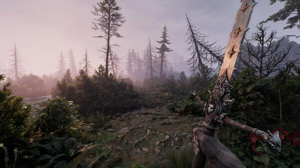 Screenshot from Fatekeeper game showing a detailed sword held by a character, with a misty forest landscape in the background.