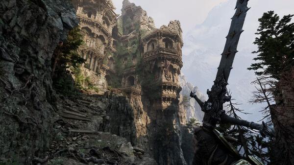 A screenshot from Fatekeeper showing a character wielding a large sword, facing a towering, intricate stone fortress in a rugged landscape.