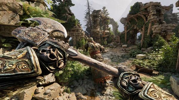 Screenshot from Fatekeeper showing a player wielding an ornate axe, approaching a ruined stone structure surrounded by greenery.