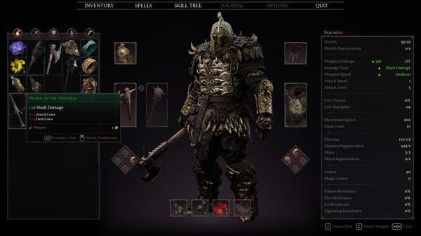 Fatekeeper screenshot: A heavily armored character is displayed in the inventory menu, showcasing equipped gear and character stats.