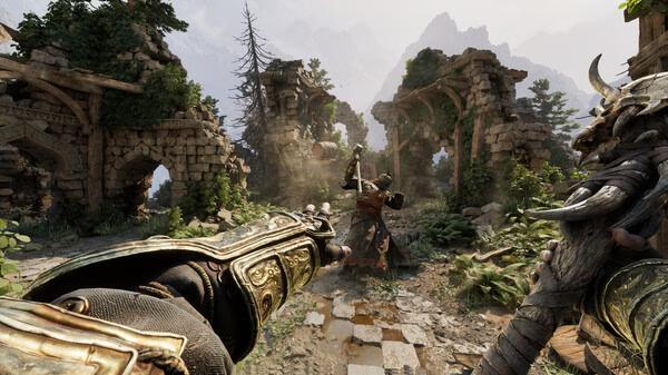 Fatekeeper screenshot: A player character aims at an armored enemy in a lush, ruined stone courtyard surrounded by mountains.