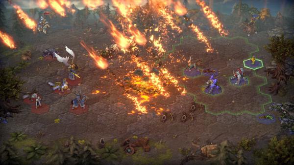 Heroes of Might and Magic: Olden Era screenshot showing a fiery battlefield with creatures and units engaged in combat on hexagonal tiles.
