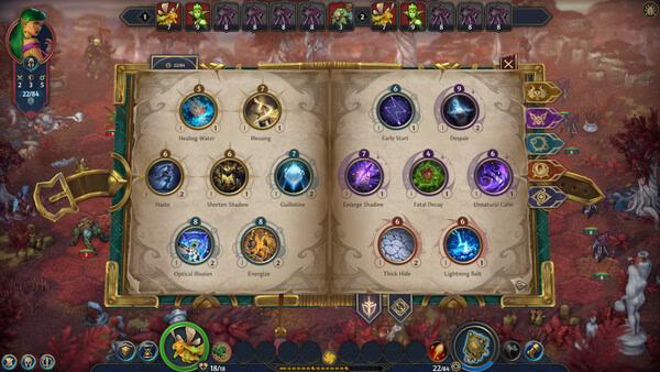 Screenshot from Heroes of Might and Magic: Olden Era showing a spellbook interface amidst a vibrant red-hued landscape.