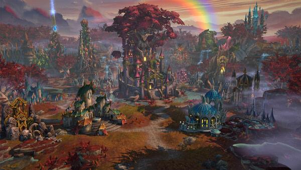 Screenshot from Heroes of Might and Magic: Olden Era featuring a vibrant fantasy town with mystical buildings and a rainbow.