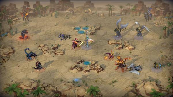 Screenshot from Heroes of Might and Magic: Olden Era showing a desert battlefield with creatures and warriors in strategic combat.