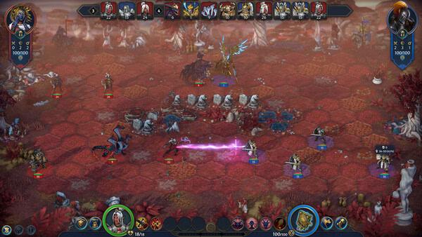 Heroes of Might and Magic: Olden Era screenshot showing a turn-based battle on a hex-grid with creatures and magic effects in a red terrain.