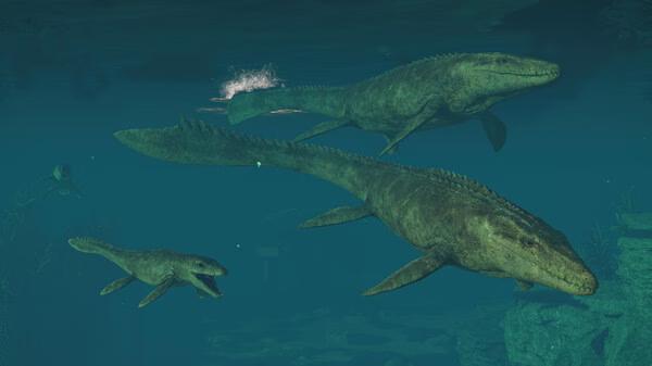Screenshot from Jurassic World Evolution 3 showing underwater Mosasaurus swimming in a blue ocean with marine vegetation in the background.