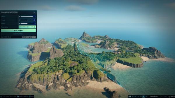 Screenshot of Jurassic World Evolution 3 showing an island generator menu and a lush tropical island surrounded by ocean.