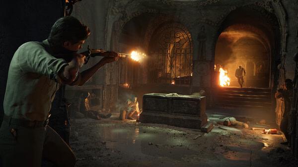 Screenshot from Mafia: The Old Country shows a character shooting in a dimly lit, ornate hall with burning fires in the background.