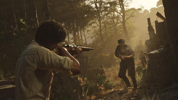 Screenshot from Mafia: The Old Country showing a character aiming a rifle at another figure in a sunlit forest setting.