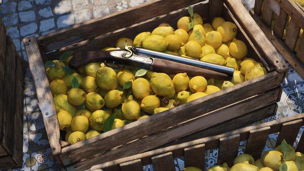 Screenshot from Mafia: The Old Country showing a wooden crate filled with lemons and a vintage gun amidst the produce.