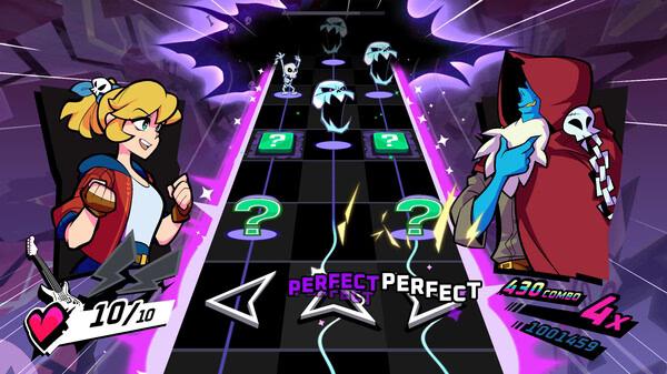 Screenshot of Rift of the NecroDancer showing two characters battling on a rhythm game track with arrows and combo indicators.
