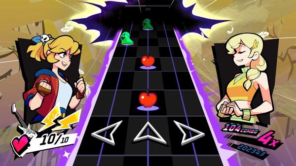 Screenshot of Rift of the NecroDancer showing two characters, rhythm arrows, apples, and enemies on a music-themed track.