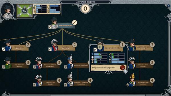 Screenshot of Master of Command showing a recruit upgrade tree with various soldier types and a prompt to upgrade a Prussian Grenadier.