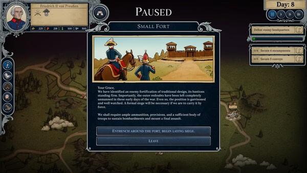 Master of Command screenshot: Paused screen showing a small fort, two soldiers on horseback, and strategic options for siege planning.