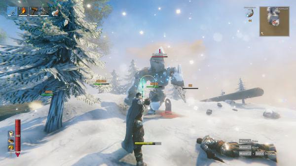 Valheim screenshot: A player battles a towering stone golem in a snowy mountain biome, surrounded by snow-covered trees.