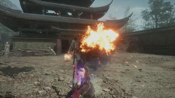 A WUCHANG: Fallen Feathers screenshot showing a character attacking with fire near a traditional multi-tiered building.